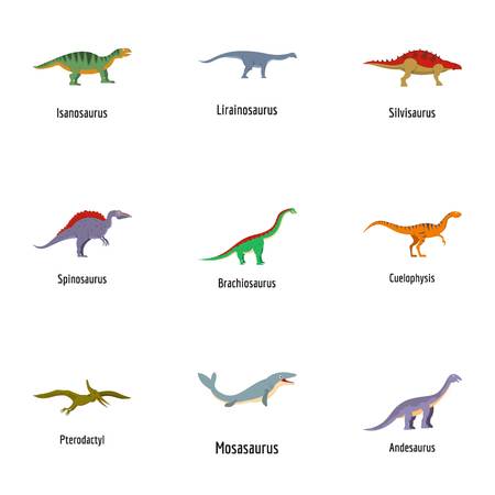 Dino world icons set. Cartoon set of 9 dino world vector icons for web isolated on white backgroundのイラスト素材