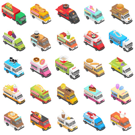 Food truck street transport icons set. Isometric illustration of 25 food truck street transport vector icons for webのイラスト素材