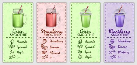 Smoothie fruit juice banner concept set. Realistic illustration of 4 smoothie fruit juice vector banner horizontal concepts for webのイラスト素材