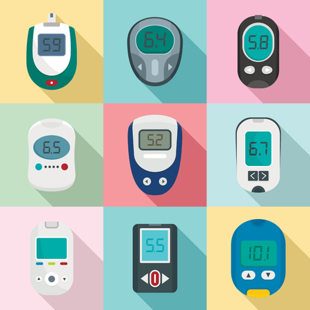 Glucose meter sugar blood test device icons set. Flat illustration of 9 glucose meter sugar blood test device vector icons for webのイラスト素材