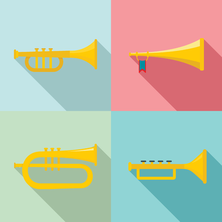 Trumpet horn musical instrument icons set. Flat illustration of 4 trumpet horn musical instrument vector icons for webのイラスト素材