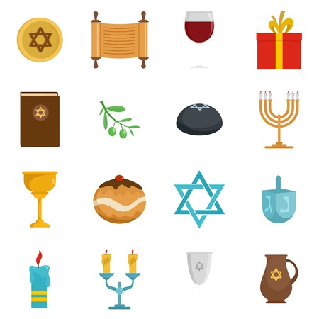 Chanukah jewish holiday icons set, flat styleのイラスト素材