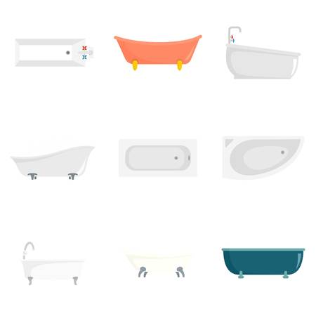 Bathtub interior icons set. Flat illustration of 9 bathtub interior vector icons isolated on whiteのイラスト素材