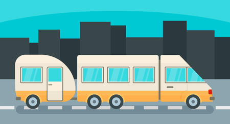 Camp truck with trail background. Flat illustration of camp truck with trail vector background for web designのイラスト素材