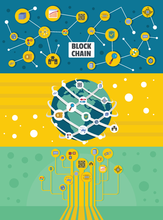 A flat illustration of 3 blockchain industry miner banner horizontal concepts for webの写真素材