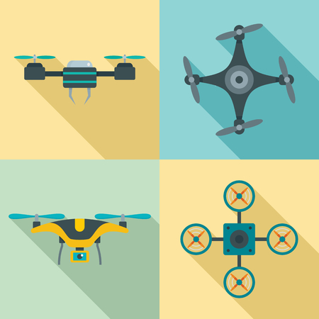 Drone delivery camera quadcopter icons set. Flat illustration of 4 drone delivery camera quadcopter icons for webの写真素材