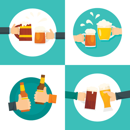 Beer cheers bottles glass banner set, flat styleのイラスト素材