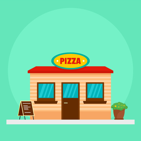 Pizza street shop background. Flat illustration of pizza street shop vector background for web designのイラスト素材