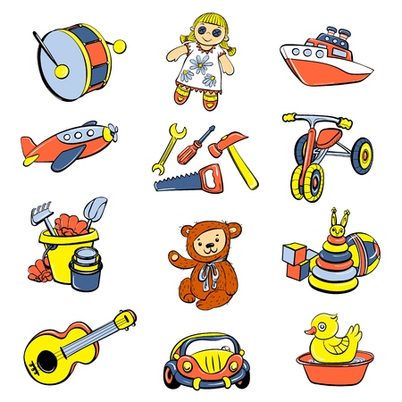 Kid toys or children playthings icons set. Cartoon hand drawn illustration of 9 kid toys or children playthings vector icons for webのイラスト素材