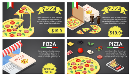 Pizza festival food party banner concept set. Isometric illustration of 4 pizza festival food party vector banner concepts for webのイラスト素材