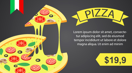 Pizza banner horizontal. Isometric illustration of vector pizza banner horizontal for web designのイラスト素材