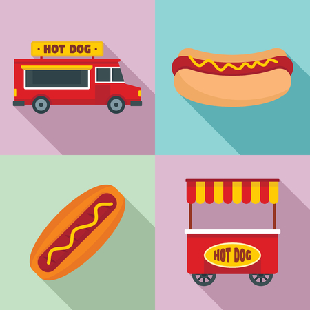 Hot dog icon set. Flat set of hot dog vector icons for web designのイラスト素材