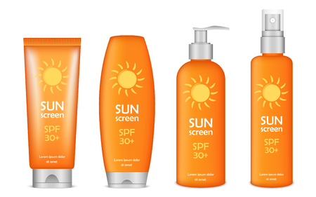Sunscreen icon set. Realistic set of sunscreen vector icons for web design isolated on white backgroundのイラスト素材