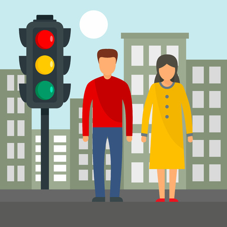 Couple at crosswalk concept background. Flat illustration of couple at crosswalk vector concept background for web designのイラスト素材