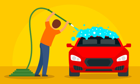Man wash car concept background. Flat illustration of man wash car vector concept background for web designのイラスト素材