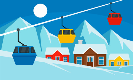 Cable car ski resort banner. Flat illustration of cable car ski resort vector banner for web designのイラスト素材