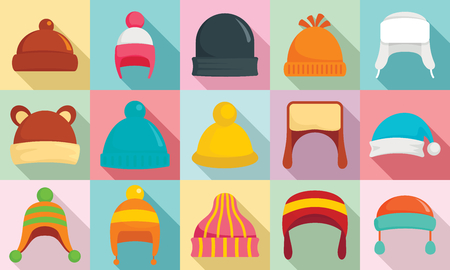 Winter headwear icon set, flat styleの写真素材