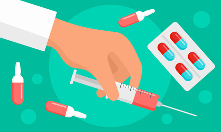 Medical syringe injection banner, flat styleの写真素材