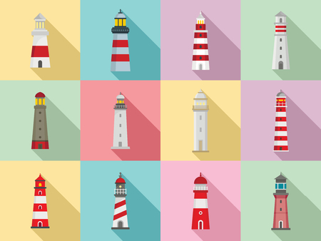 Lighthouse icon set. Flat set of lighthouse vector icons for web designのイラスト素材