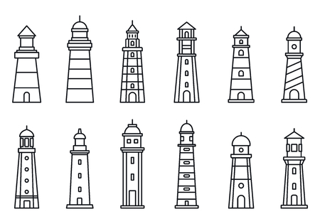 Sea lighthouse icon set. Outline set of sea lighthouse vector icons for web design isolated on white backgroundのイラスト素材