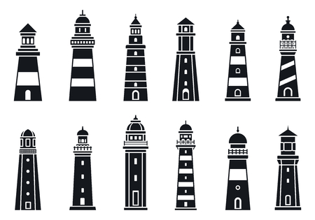 Coast lighthouse icon set, simple style, black and whiteの写真素材