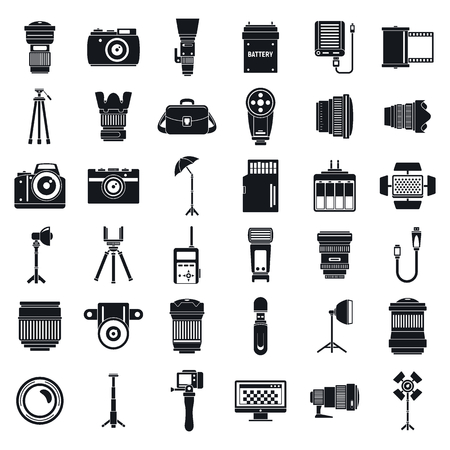 Professional photographer equipment icons set. Simple set of professional photographer equipment vector icons for web design on white backgroundのイラスト素材