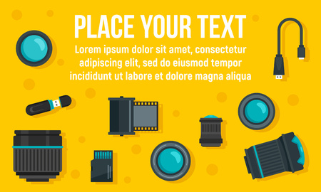 Photographer equipment concept banner. Flat illustration of photographer equipment vector concept banner for web designのイラスト素材