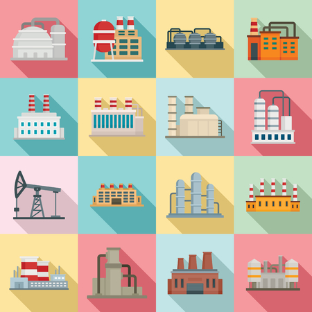 Refinery plant icons set, flat styleのイラスト素材