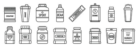 Protein sport nutrition icons set. Outline set of protein sport nutrition vector icons for web design isolated on white backgroundのイラスト素材