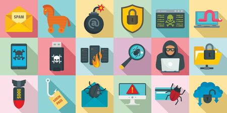 Cyber attack icons set, flat styleのイラスト素材