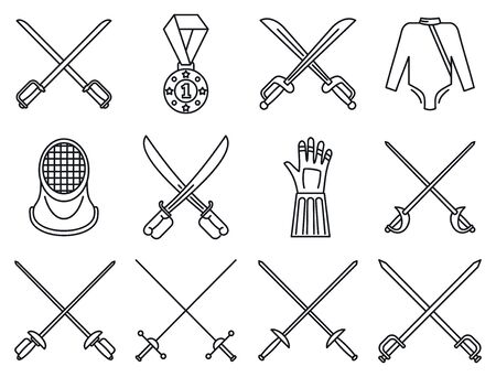 Fencing sport icons set. Outline set of fencing sport icons for web design isolated on white backgroundの写真素材