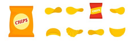 Chips potato icon set, flat styleのイラスト素材