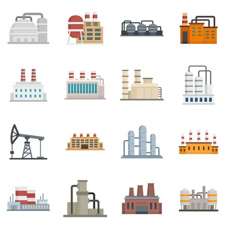 Refinery plant icons set, flat styleのイラスト素材