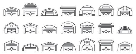 Airport hangar icons set, outline styleのイラスト素材