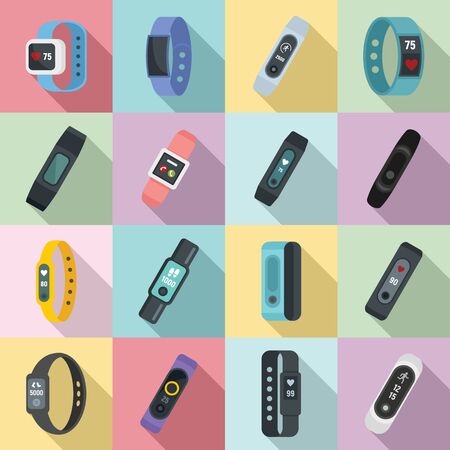 Fitness bracelet icons set. Flat set of fitness bracelet vector icons for web designのイラスト素材