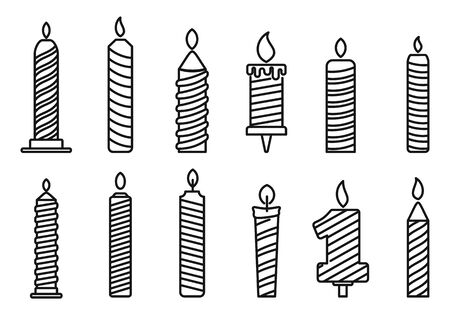 Burning birthday candle icons set. Outline set of burning birthday candle vector icons for web design isolated on white backgroundのイラスト素材