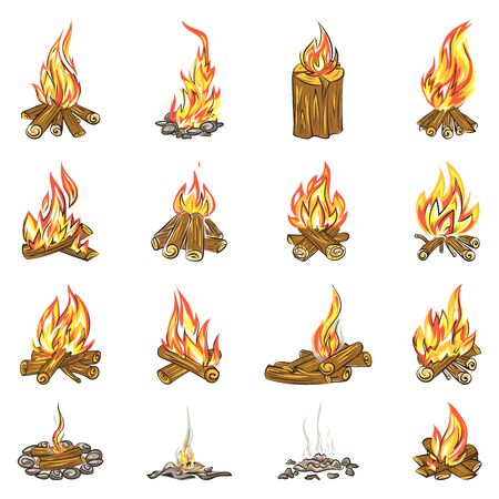 Campfire icons set, cartoon styleのイラスト素材