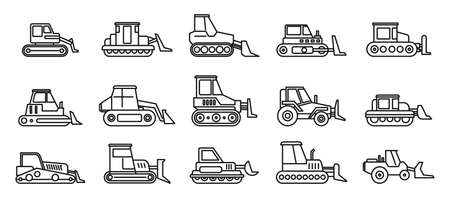 Construction bulldozer icons set, outline styleのイラスト素材