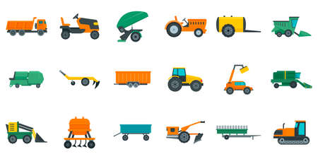 Agricultural machines icons set, flat style