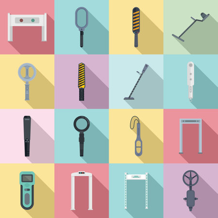 Metal detector icons set, flat styleのイラスト素材