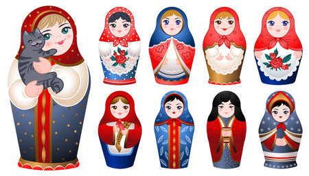 Nesting doll icons set, cartoon styleのイラスト素材