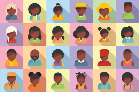 African people icons set flat vector. Hair curlyのイラスト素材