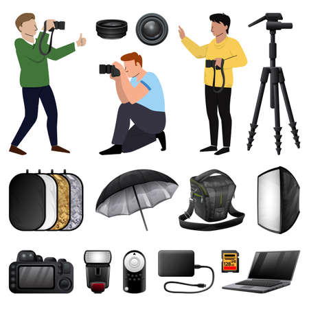 Photographer equipment icons set cartoon vector. Professional photoのイラスト素材