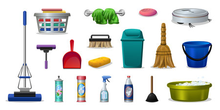 Cleaner equipment icons set cartoon vector. Hygiene disifectantのイラスト素材