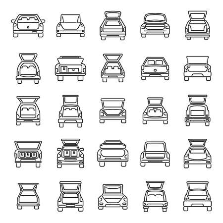 Trunk car icons set outline vector. Sedan bag. Summer storageのイラスト素材
