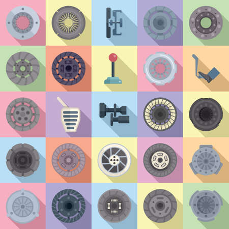 Clutch icons set flat vector. Machine engine. Auto partsのイラスト素材