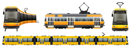 Tram car icons set cartoon vector. Tram trolley. Tramcar cableのイラスト素材