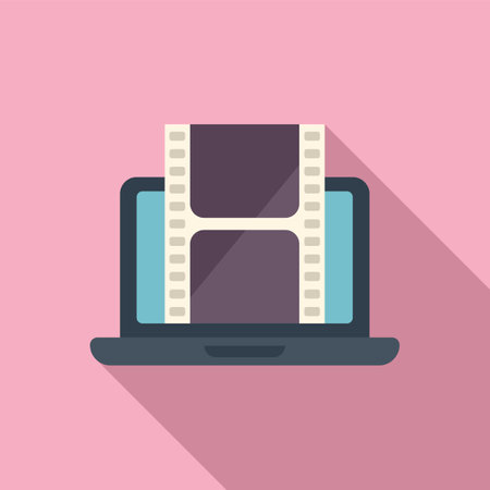 Laptop video edit icon flat vector. Film montage. Creative onlineのイラスト素材