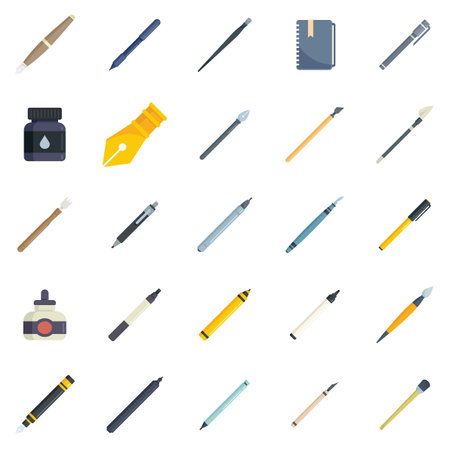 Calligraphy tools icons set flat vector. Paint nib. Lettering kit isolatedのイラスト素材