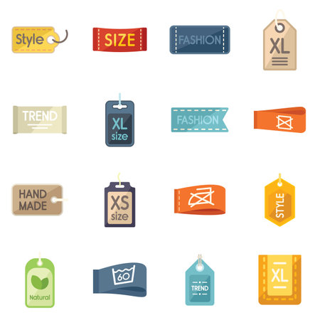 Cloth label icons set flat vector. Fabric tag. Fashion stitch isolatedのイラスト素材